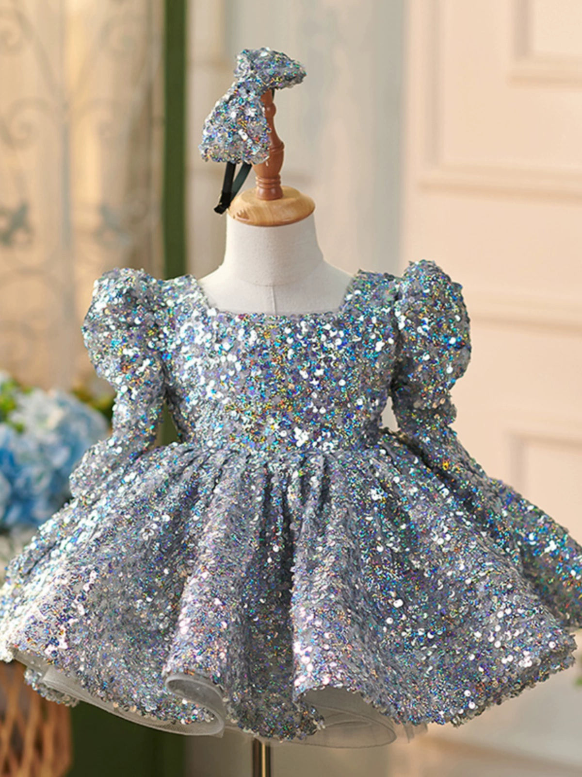 Princess Dusty Blue Sequined Back Zip Baptism Sequin Tea Length Long Sleeve Square Flower Girl Dress
