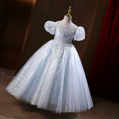 Princess Dusty Blue Tulle Back Zip Baptism Sequins Floor Length Short Sleeve Puff Sleeve Round Flower Girl Dress