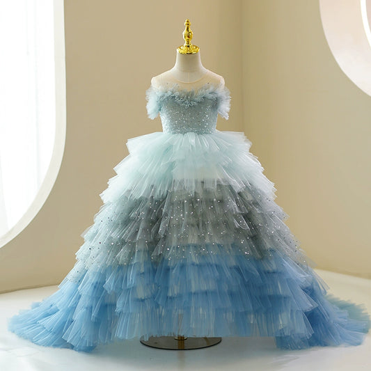 Princess Dusty Blue Tulle Crossed Straps Baptism Cascading Ruffles Floor Length Sleeveless Sweetheart Flower Girl Dress
