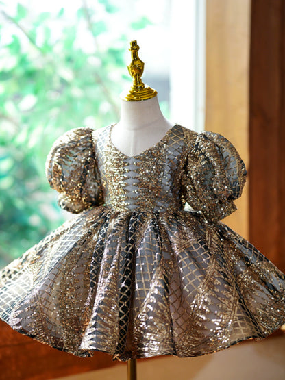 Princess Gold Sequined Back Zip Baptism Sequins Tea Length Short Sleeve Puff Sleeve V-Neck Flower Girl Dress