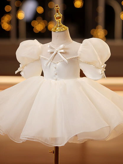 Princess Ivory Satin Back Zip Baptism Beaded Tea Length Short Sleeve Lantern Sleeve Round Flower Girl Dress