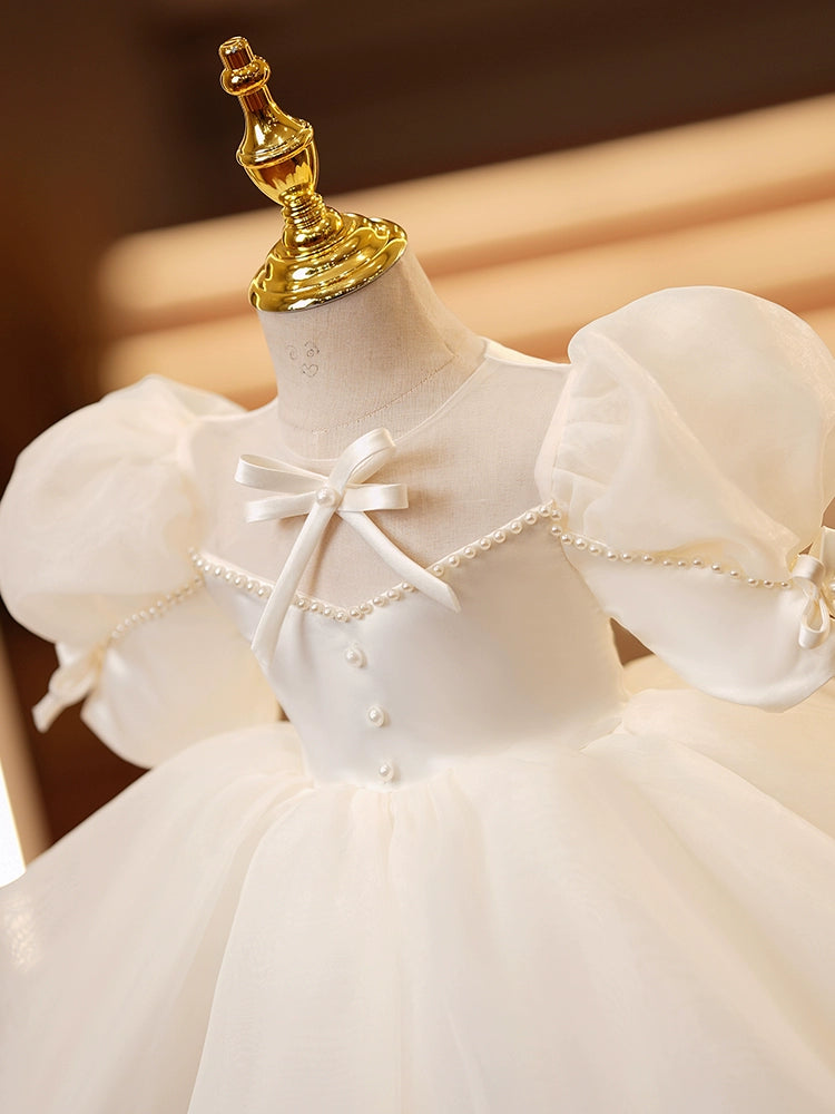 Princess Ivory Satin Back Zip Baptism Beaded Tea Length Short Sleeve Lantern Sleeve Round Flower Girl Dress
