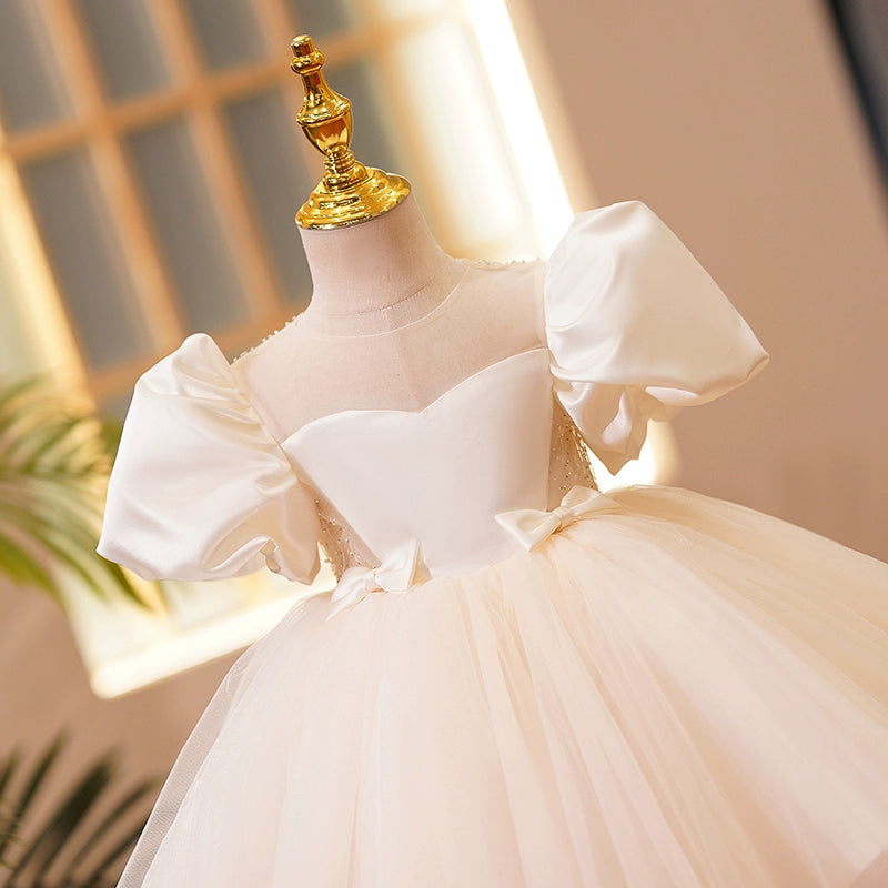 Princess Ivory Satin Back Zip Baptism Sequin Tea Length Short Sleeve Puff Sleeve Sweetheart Flower Girl Dress