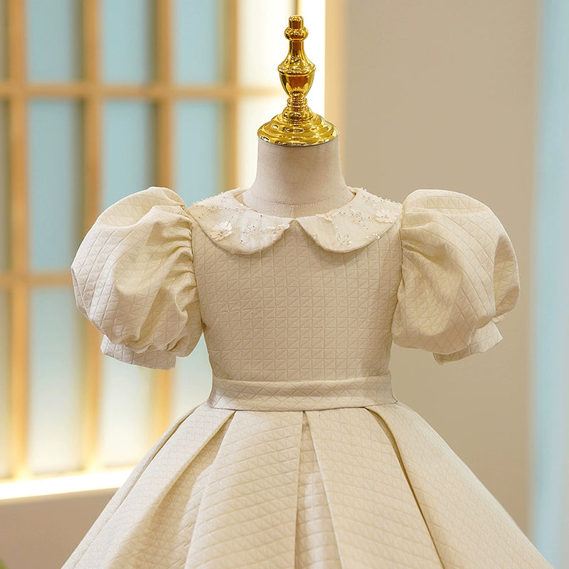 Princess Ivory Satin Back Zip Baptism Sequins Tea Length Short Sleeve Puff Sleeve Collared Neck Flower Girl Dress