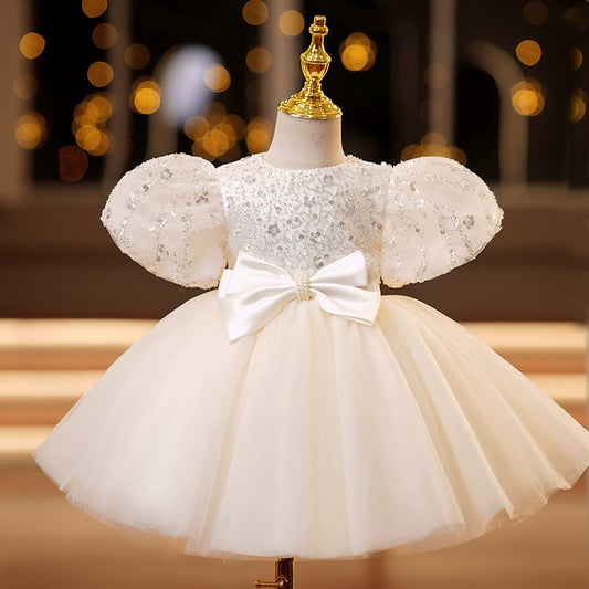 Princess Ivory Tulle Back Zip Baptism Bowknot Tea Length Short Sleeve Puff Sleeve Round Flower Girl Dress