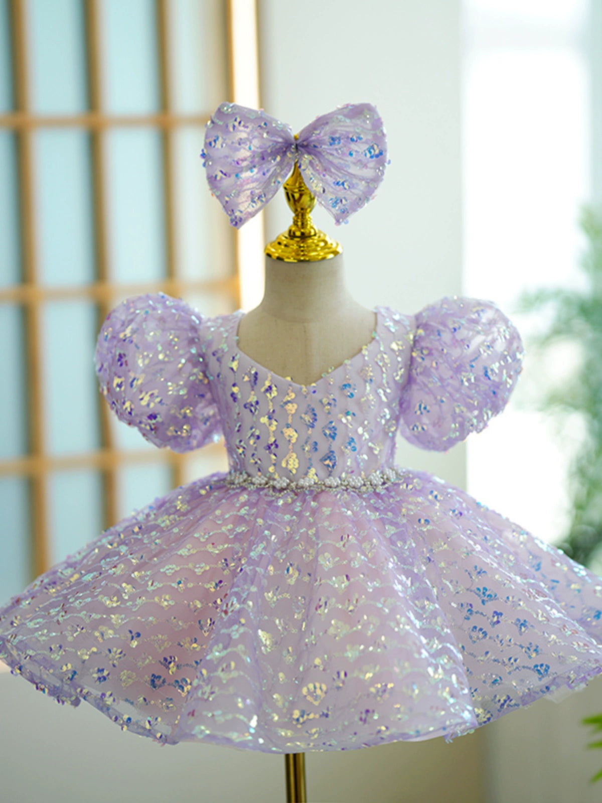 Princess Lilac Sequined Back Zip Baptism Bow(s) Tea Length Short Sleeve Puff Sleeve V-Neck Flower Girl Dress