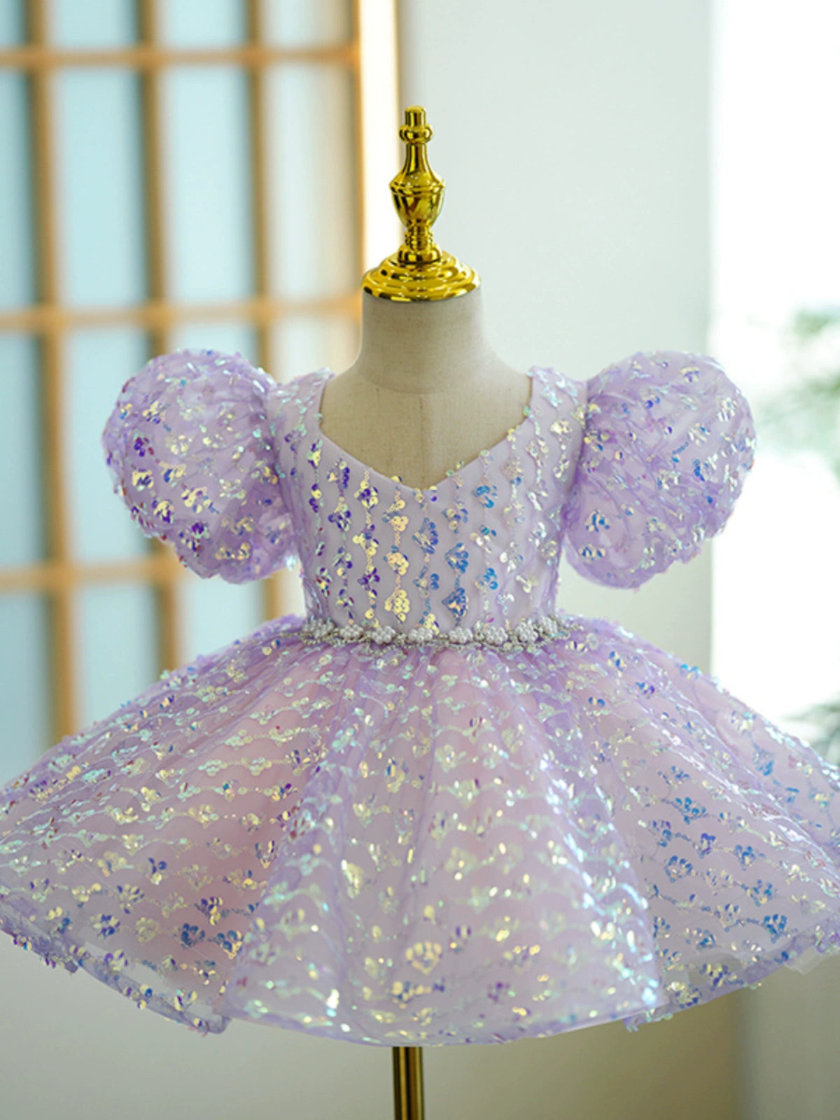 Princess Lilac Sequined Back Zip Baptism Bow(s) Tea Length Short Sleeve Puff Sleeve V-Neck Flower Girl Dress