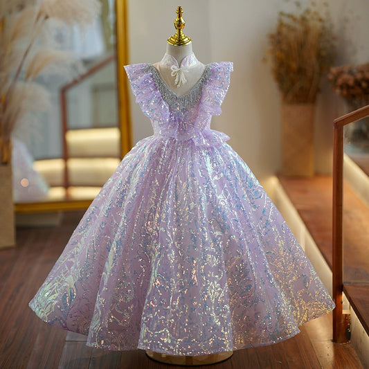 Princess Lilac Sequined Crossed Straps Baptism Beaded Floor Length Short Sleeve Cap Sleeve V-Neck Flower Girl Dress