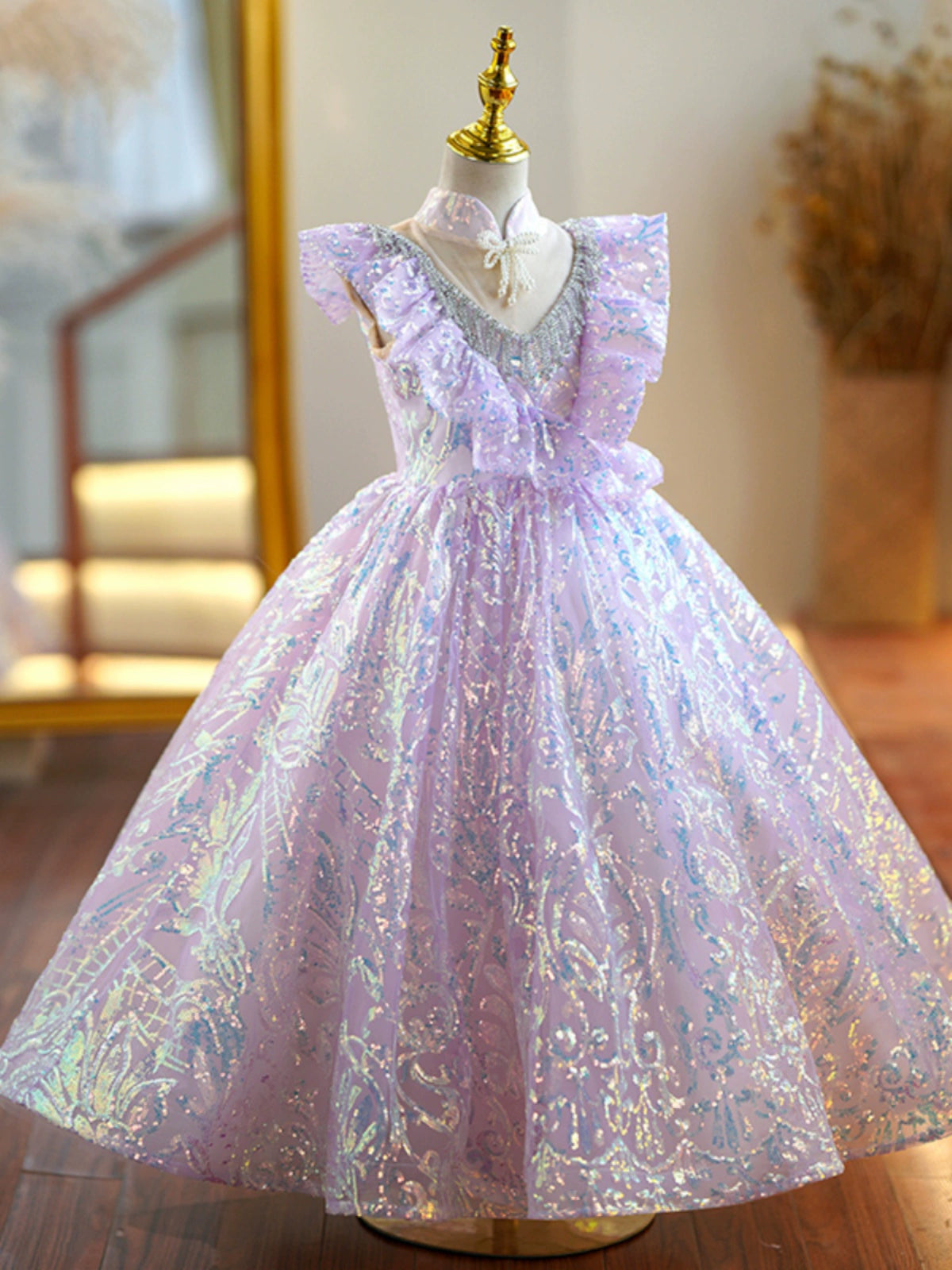 Princess Lilac Sequined Crossed Straps Baptism Beaded Floor Length Short Sleeve Cap Sleeve V-Neck Flower Girl Dress