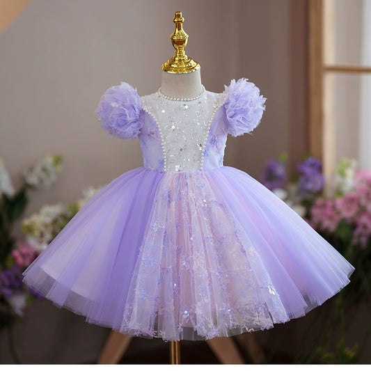 Princess Lilac Tulle Back Zip Baptism Flower(s) Tea Length Short Sleeve Cap Sleeve Round Flower Girl Dress