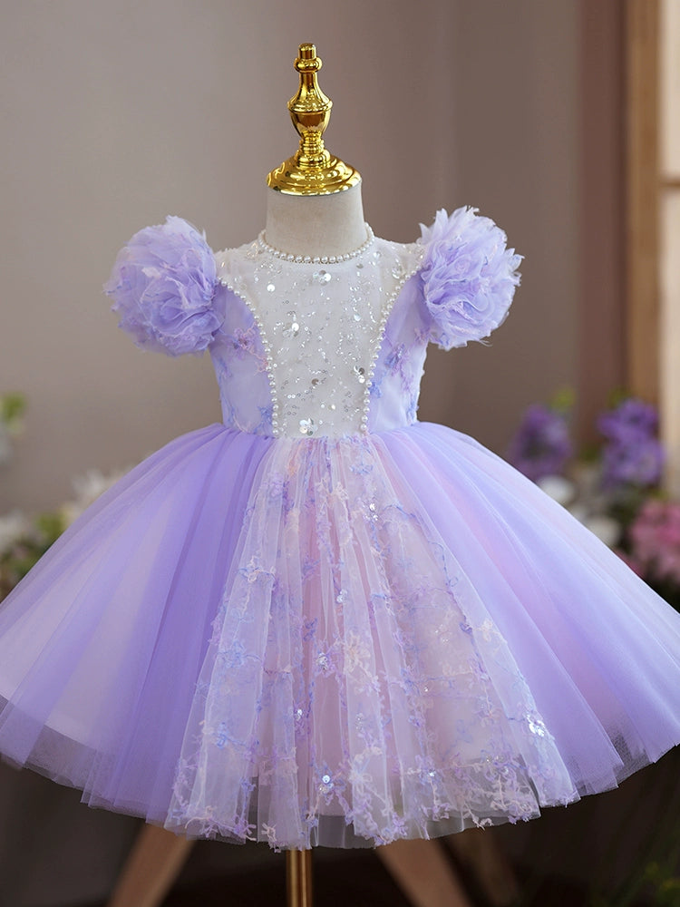 Princess Lilac Tulle Back Zip Baptism Flower(s) Tea Length Short Sleeve Cap Sleeve Round Flower Girl Dress
