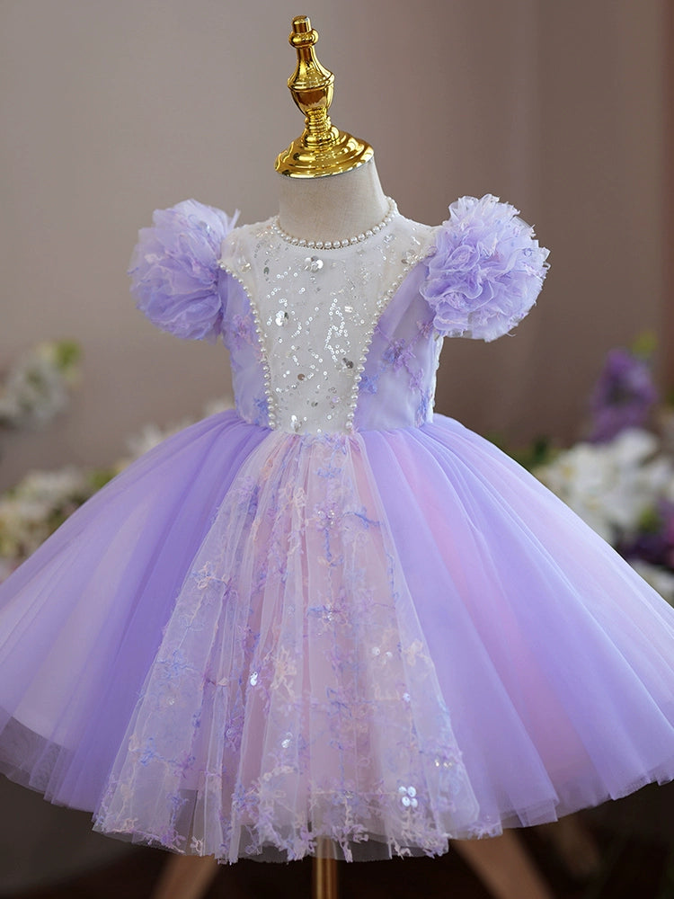 Princess Lilac Tulle Back Zip Baptism Flower(s) Tea Length Short Sleeve Cap Sleeve Round Flower Girl Dress