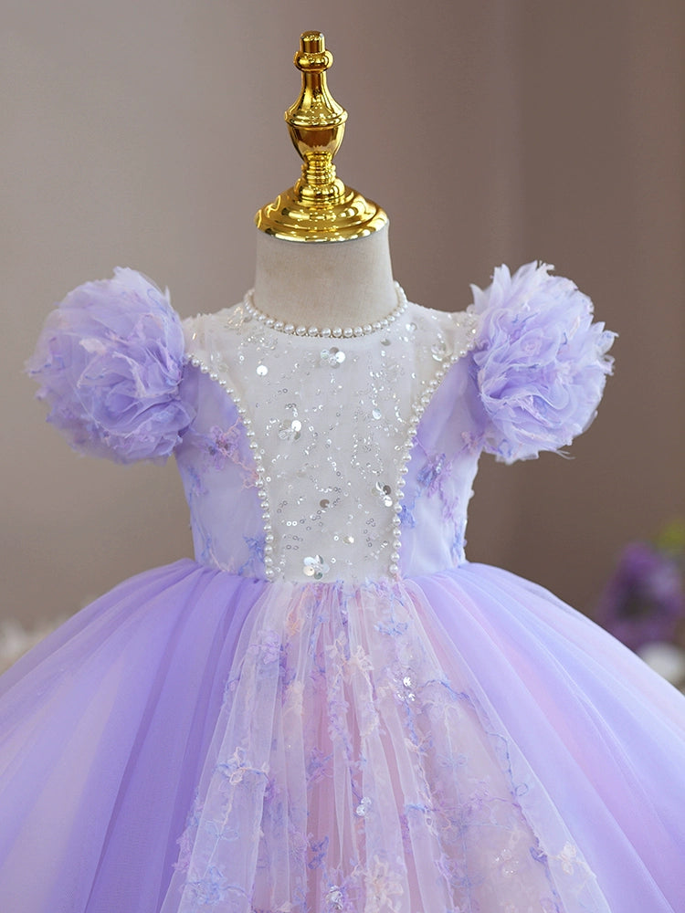 Princess Lilac Tulle Back Zip Baptism Flower(s) Tea Length Short Sleeve Cap Sleeve Round Flower Girl Dress