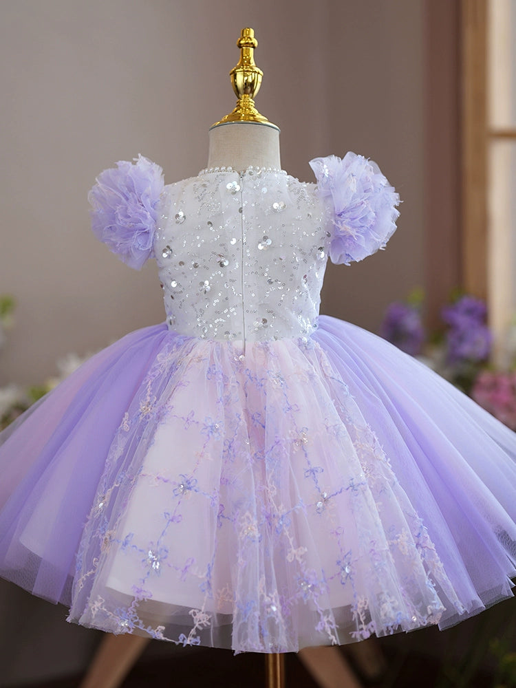 Princess Lilac Tulle Back Zip Baptism Flower(s) Tea Length Short Sleeve Cap Sleeve Round Flower Girl Dress