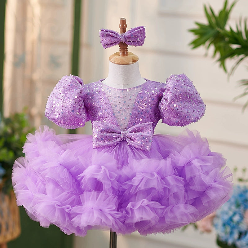 Princess Lilac Tulle Back Zip Baptism Sequins Tea Length Short Sleeve Puff Sleeve Round Flower Girl Dress