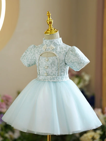 Princess Mint Green Satin Back Zip Baptism Beaded Tea Length Short Sleeve Puff Sleeve Mock Neck Flower Girl Dress