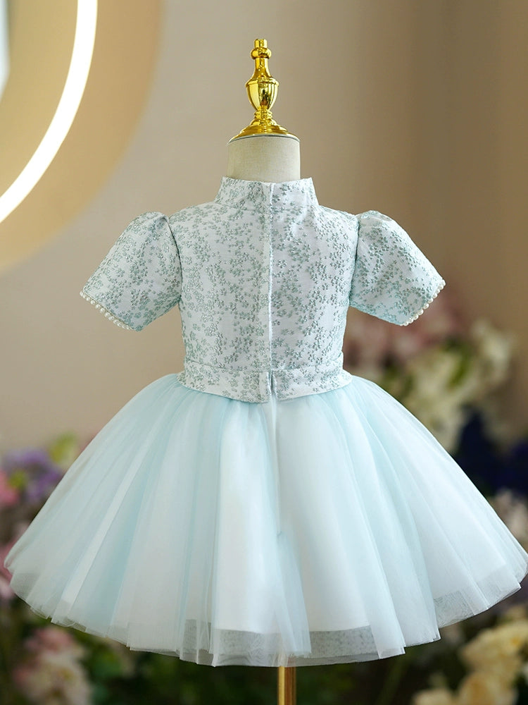 Princess Mint Green Satin Back Zip Baptism Beaded Tea Length Short Sleeve Puff Sleeve Mock Neck Flower Girl Dress