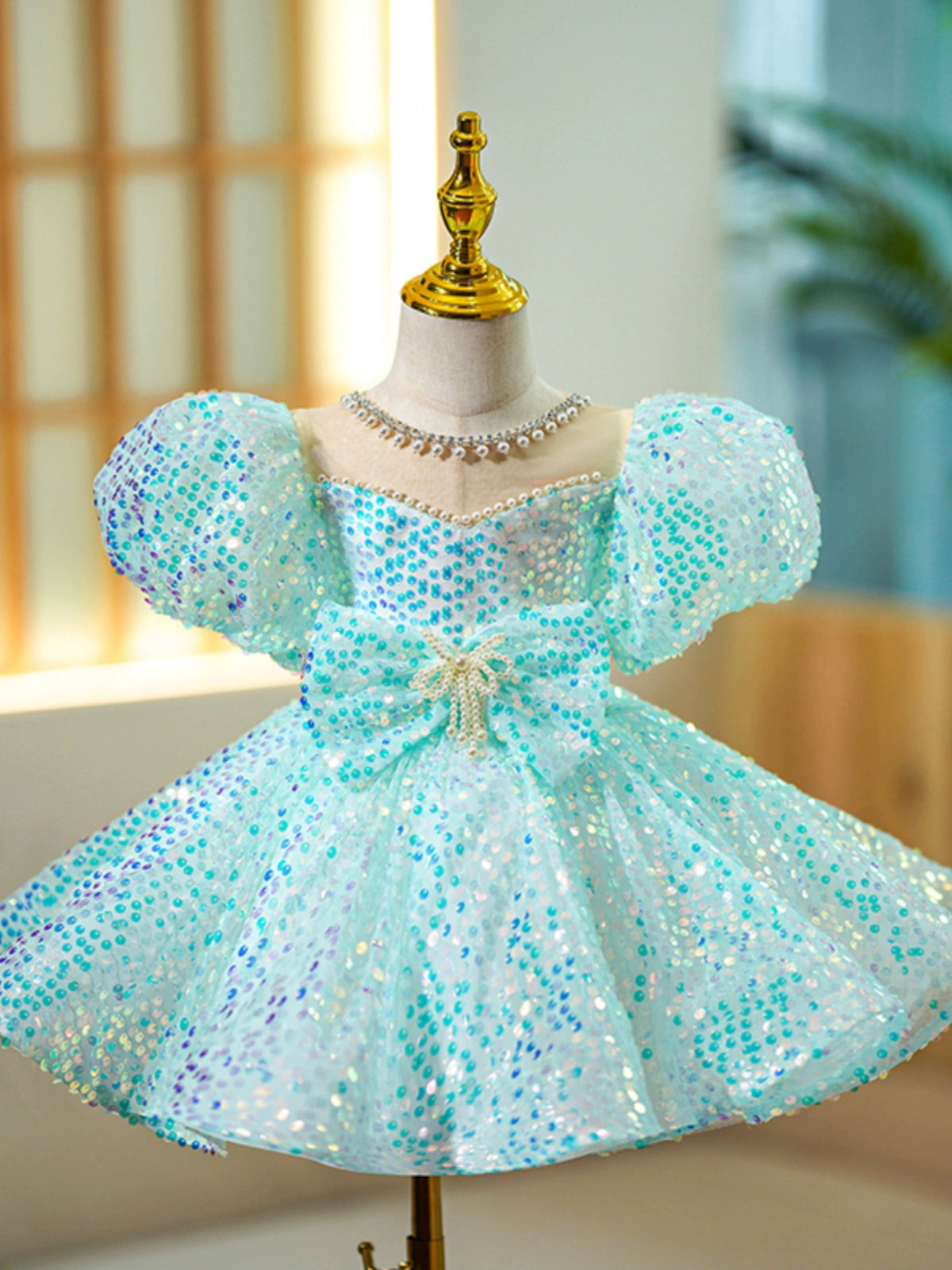 Princess Mint Green Sequined Back Zip Baptism Beaded Tea Length Short Sleeve Puff Sleeve Jewel Neck Flower Girl Dress