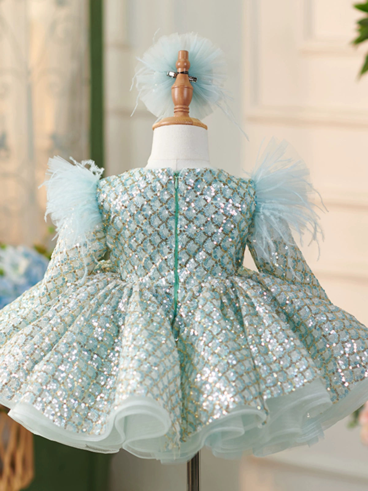 Princess Mint Green Sequined Back Zip Baptism Sequins Tea Length Long Sleeve Round Flower Girl Dress