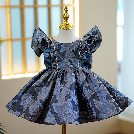 Princess Navy Blue Satin Back Zip Baptism Beaded Tea Length Short Sleeve Cap Sleeve Round Flower Girl Dress