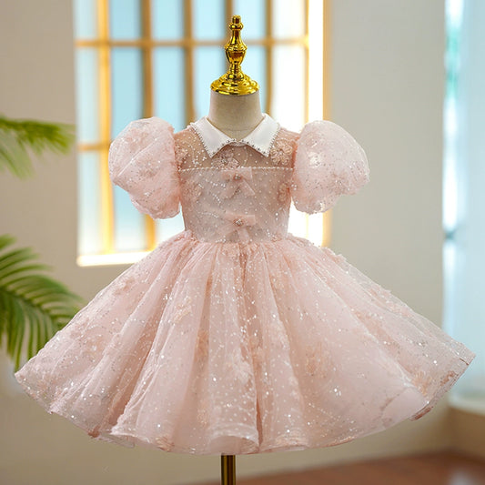 Princess Pink Organza Back Zip Baptism Flower(s) Tea Length Short Sleeve Puff Sleeve Collared Neck Flower Girl Dress
