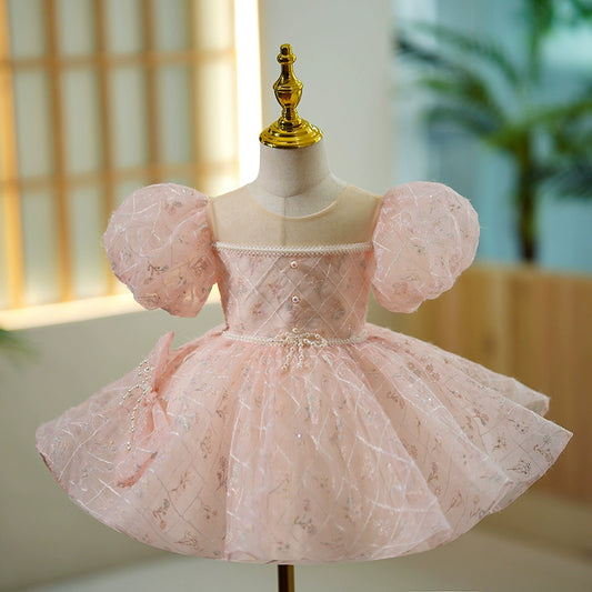 Princess Pink Organza Back Zip Baptism Flower(s) Tea Length Short Sleeve Puff Sleeve Round Flower Girl Dress