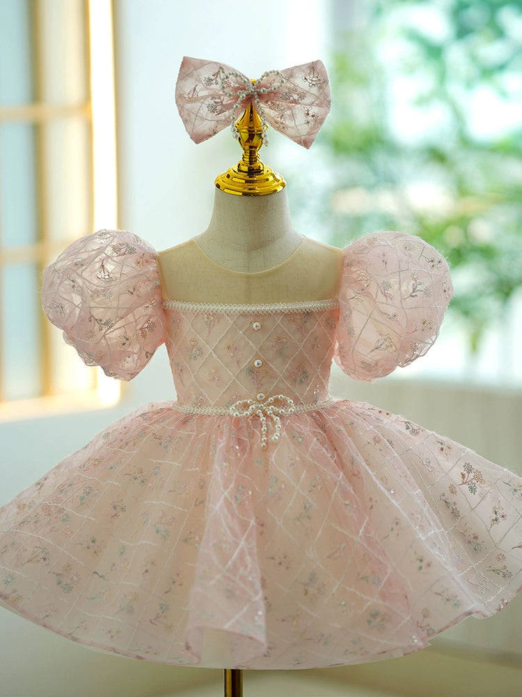 Princess Pink Organza Back Zip Baptism Flower(s) Tea Length Short Sleeve Puff Sleeve Round Flower Girl Dress