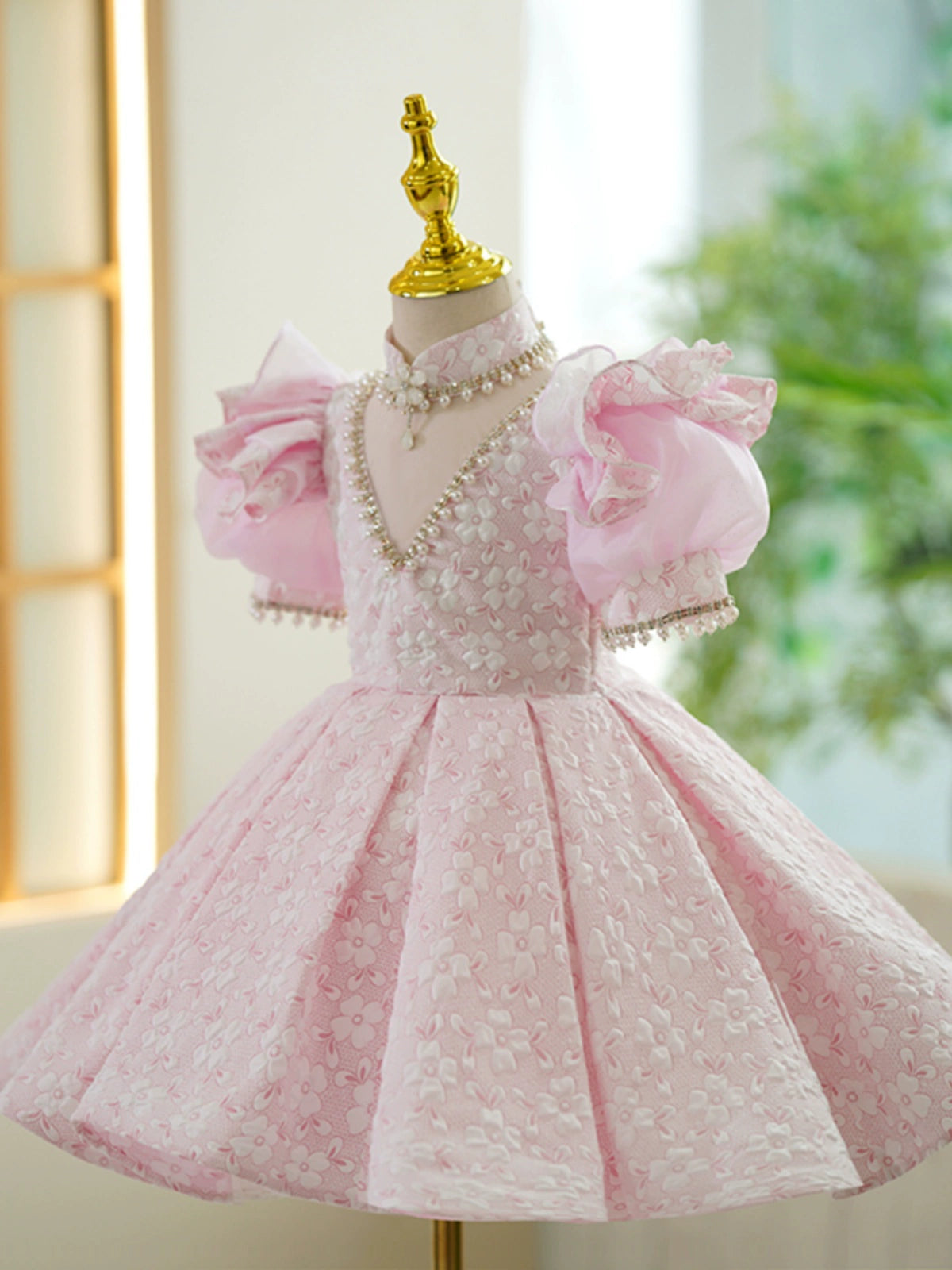 Princess Pink Satin Back Zip Baptism Beaded Tea Length Short Sleeve Puff Sleeve Mock Neck Flower Girl Dress