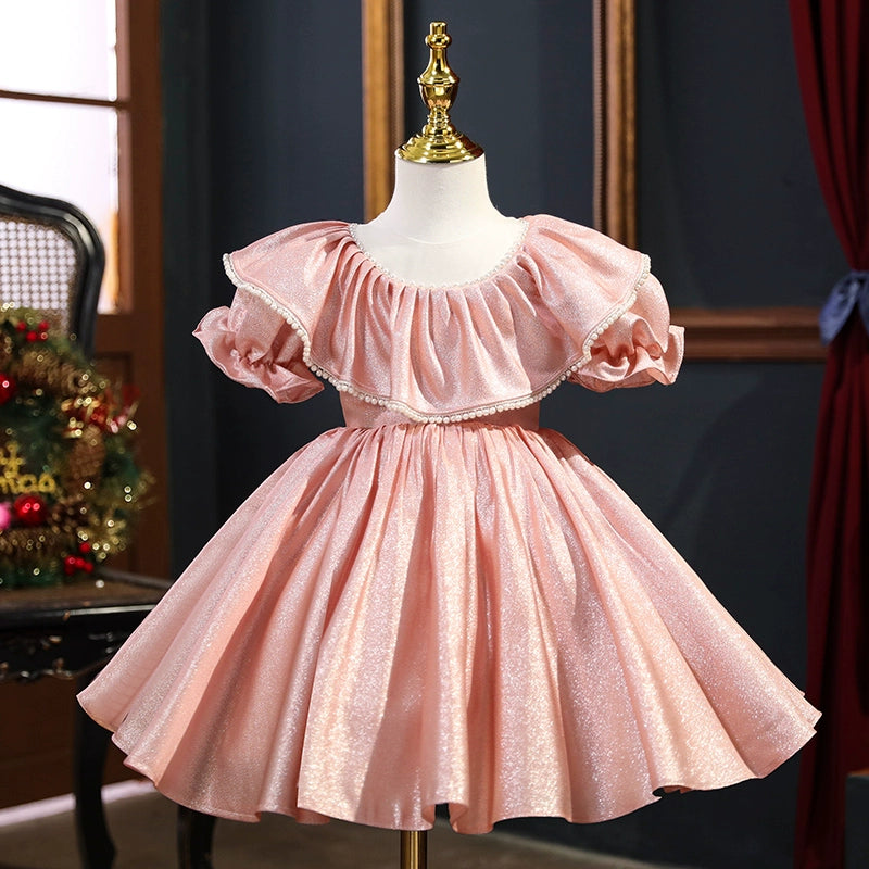 Princess Scoop Tea Length Satin Flower Girl Dress in Pink