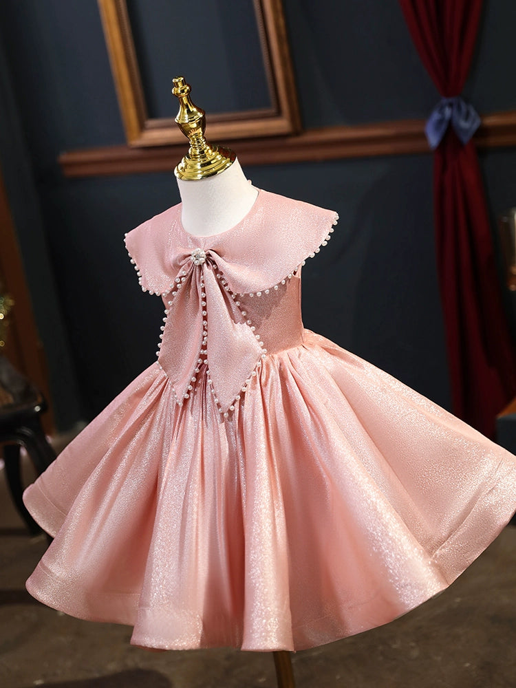 Princess Pink Satin Back Zip Baptism Beaded Tea Length Sleeveless Cap Sleeve Round Flower Girl Dress