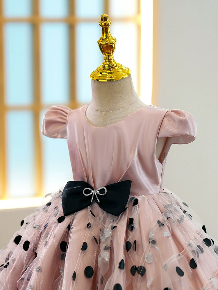 Princess Pink Satin Back Zip Baptism Bow(s) Tea Length Short Sleeve Cap Sleeve Scoop Flower Girl Dress