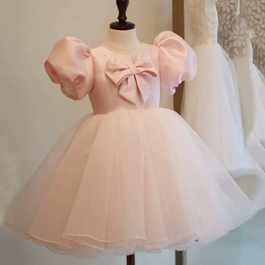 Princess Pink Satin Back Zip Baptism Bow(s) Tea Length Short Sleeve Puff Sleeve Round Flower Girl Dress