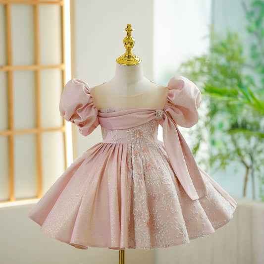 Princess Pink Satin Back Zip Baptism Lace Tea Length Short Sleeve Puff Sleeve Round Flower Girl Dress