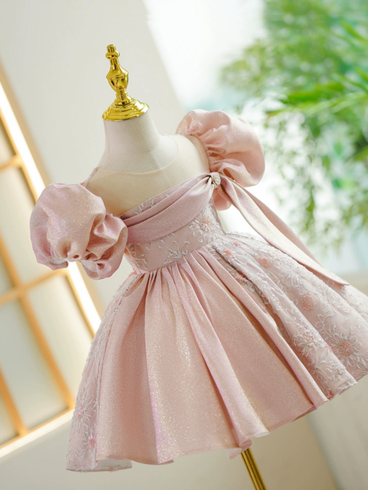 Princess Pink Satin Back Zip Baptism Lace Tea Length Short Sleeve Puff Sleeve Round Flower Girl Dress