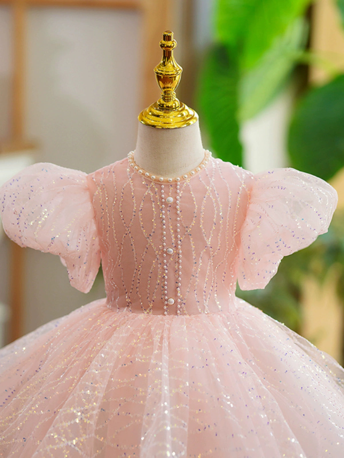Princess Pink Sequined Back Zip Baptism Beaded Tea Length Short Sleeve Puff Sleeve Jewel Neck Flower Girl Dress