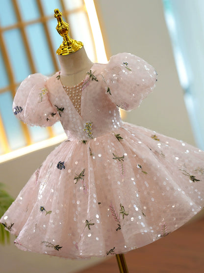 Princess Pink Sequined Back Zip Baptism Beaded Tea Length Short Sleeve Puff Sleeve V-Neck Flower Girl Dress
