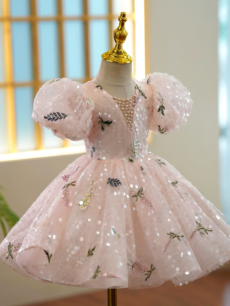 Princess Pink Sequined Back Zip Baptism Beaded Tea Length Short Sleeve Puff Sleeve V-Neck Flower Girl Dress