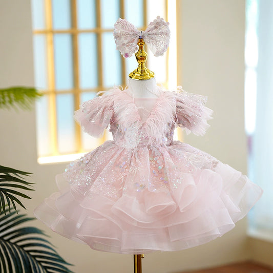 Princess Pink Sequined Back Zip Baptism Sequin Tea Length Short Sleeve Puff Sleeve Round Flower Girl Dress