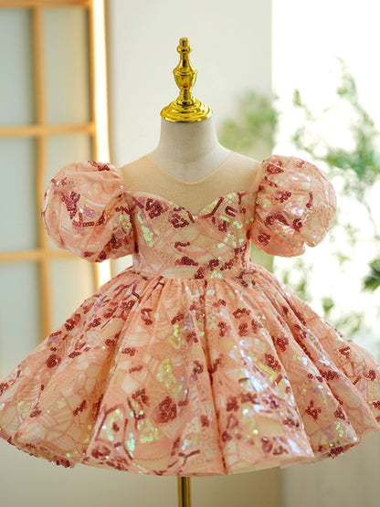 Princess Pink Sequined Back Zip Baptism Sequins Short Sleeve Puff Sleeve Scoop Flower Girl Dress