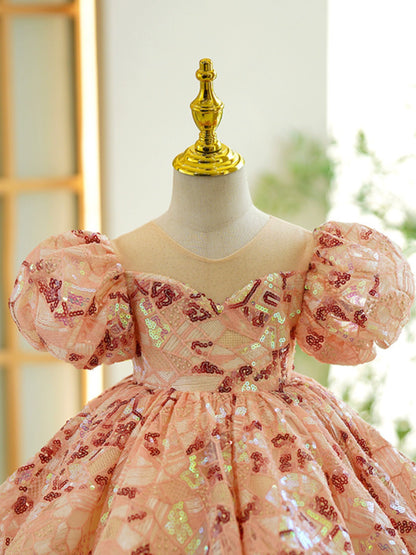 Princess Pink Sequined Back Zip Baptism Sequins Short Sleeve Puff Sleeve Scoop Flower Girl Dress