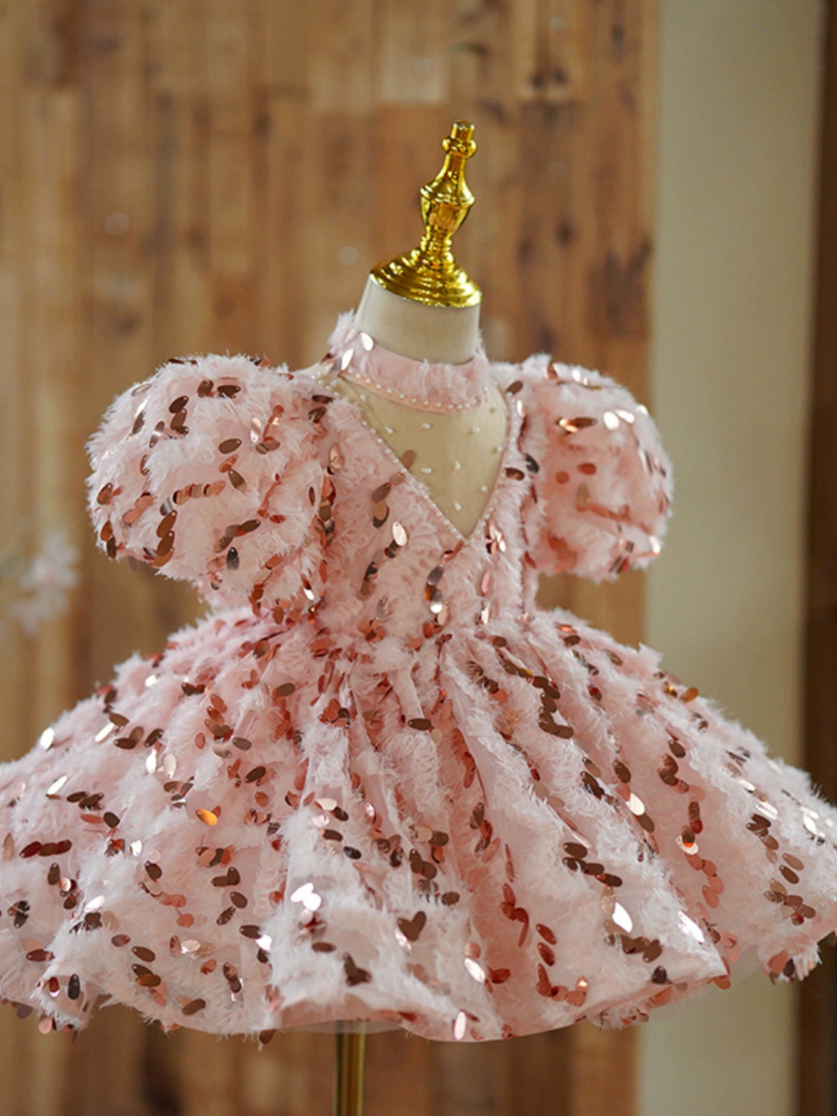 Princess Pink Sequined Back Zip Baptism Sequins Tea Length Short Sleeve Puff Sleeve Mock Neck Flower Girl Dress