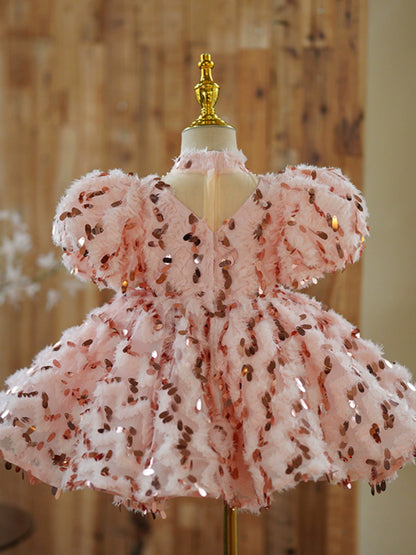 Princess Pink Sequined Back Zip Baptism Sequins Tea Length Short Sleeve Puff Sleeve Mock Neck Flower Girl Dress