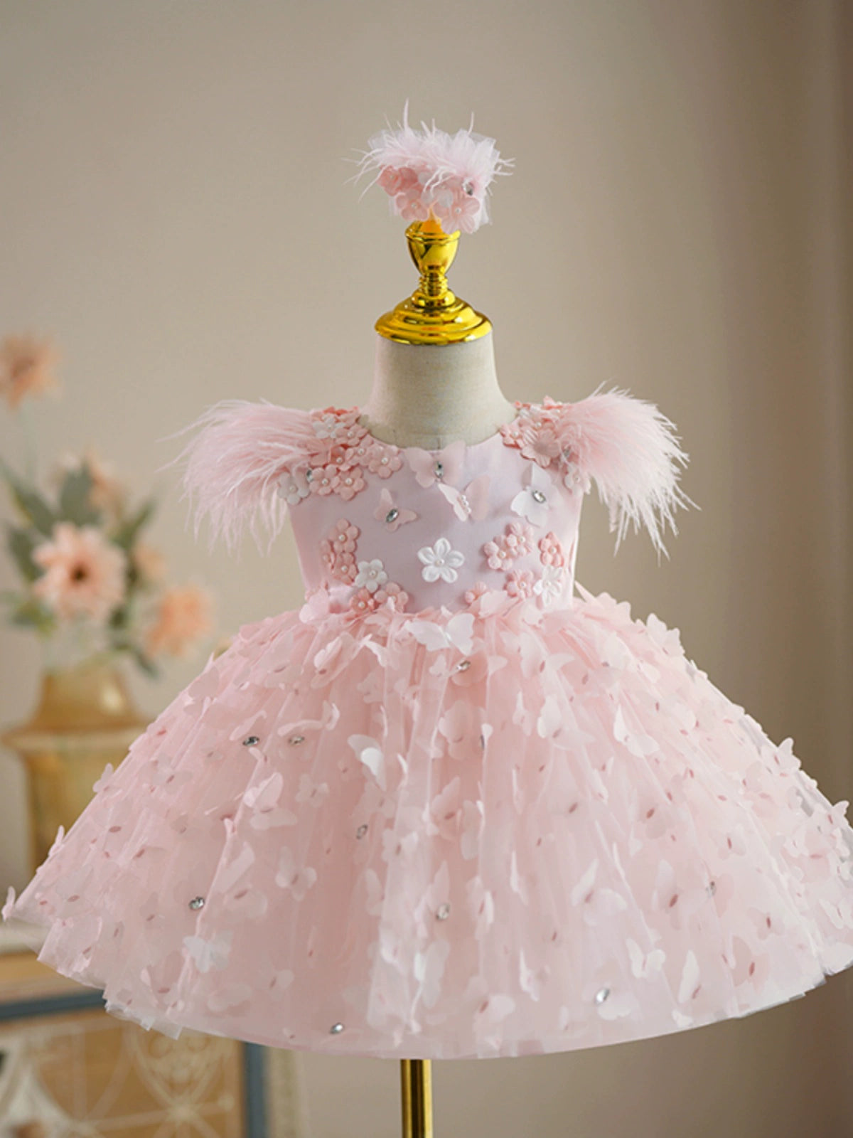 Princess Pink Tulle Back Zip Baptism Flower(s) Tea Length Sleeveless Cap Sleeve Round Flower Girl Dress