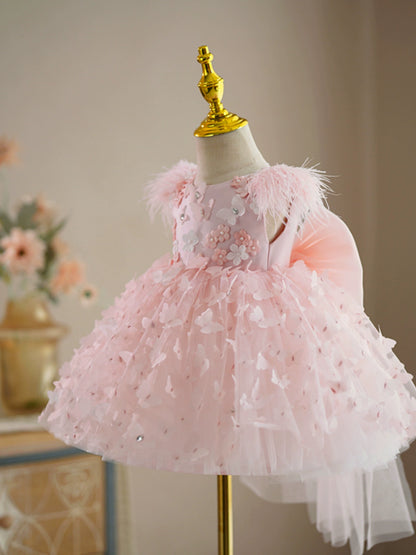 Princess Pink Tulle Back Zip Baptism Flower(s) Tea Length Sleeveless Cap Sleeve Round Flower Girl Dress