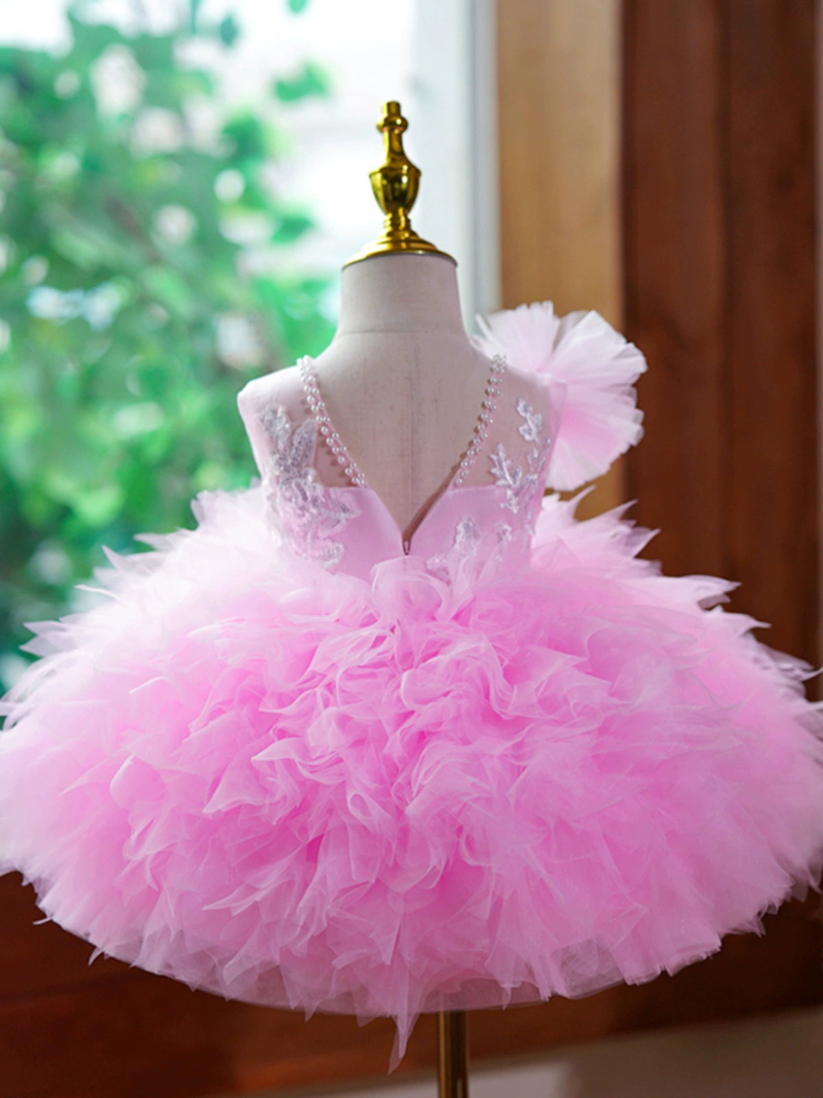 Princess Pink Tulle Back Zip Baptism Lace Tea Length Sleeveless Jewel Neck Flower Girl Dress