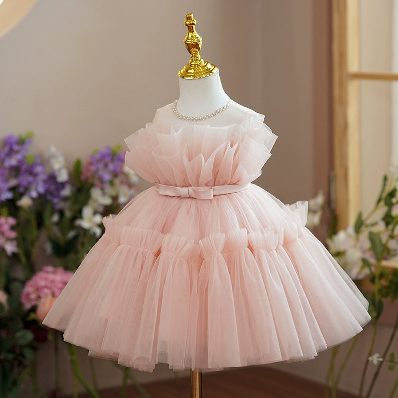 Princess Pink Tulle Back Zip Baptism Pleated Tea Length Sleeveless Round Flower Girl Dress