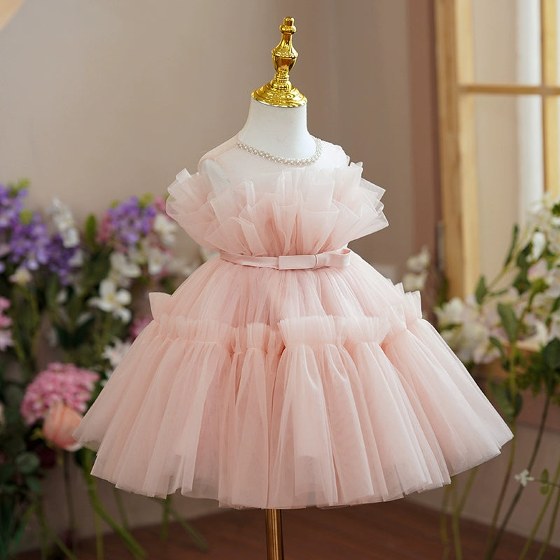Princess Pink Tulle Back Zip Baptism Pleated Tea Length Sleeveless Round Flower Girl Dress