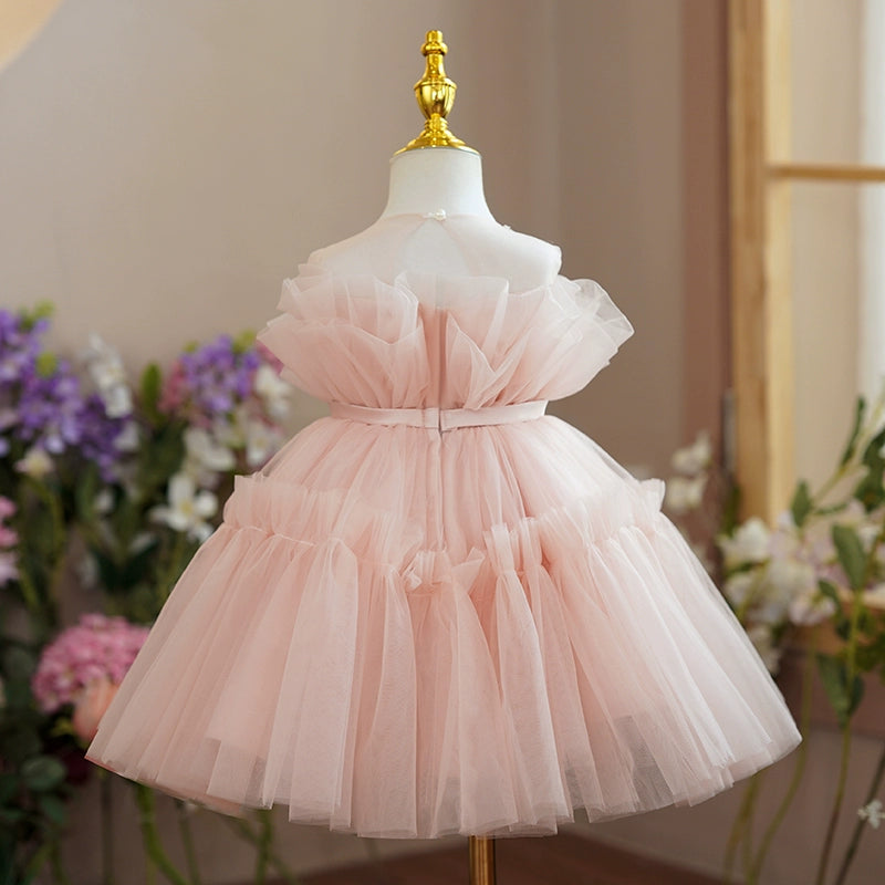 Princess Pink Tulle Back Zip Baptism Pleated Tea Length Sleeveless Round Flower Girl Dress