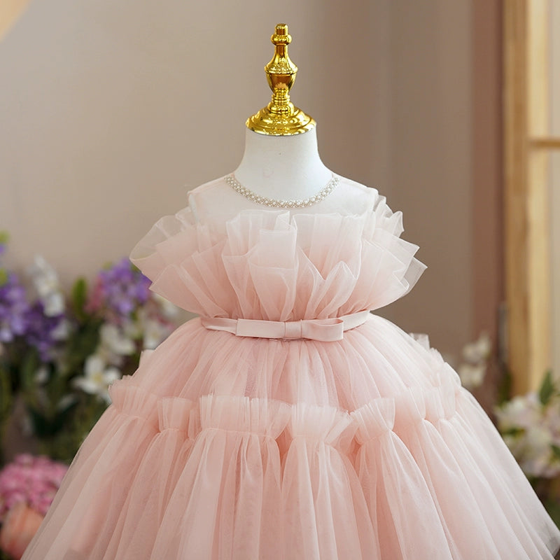 Princess Pink Tulle Back Zip Baptism Pleated Tea Length Sleeveless Round Flower Girl Dress