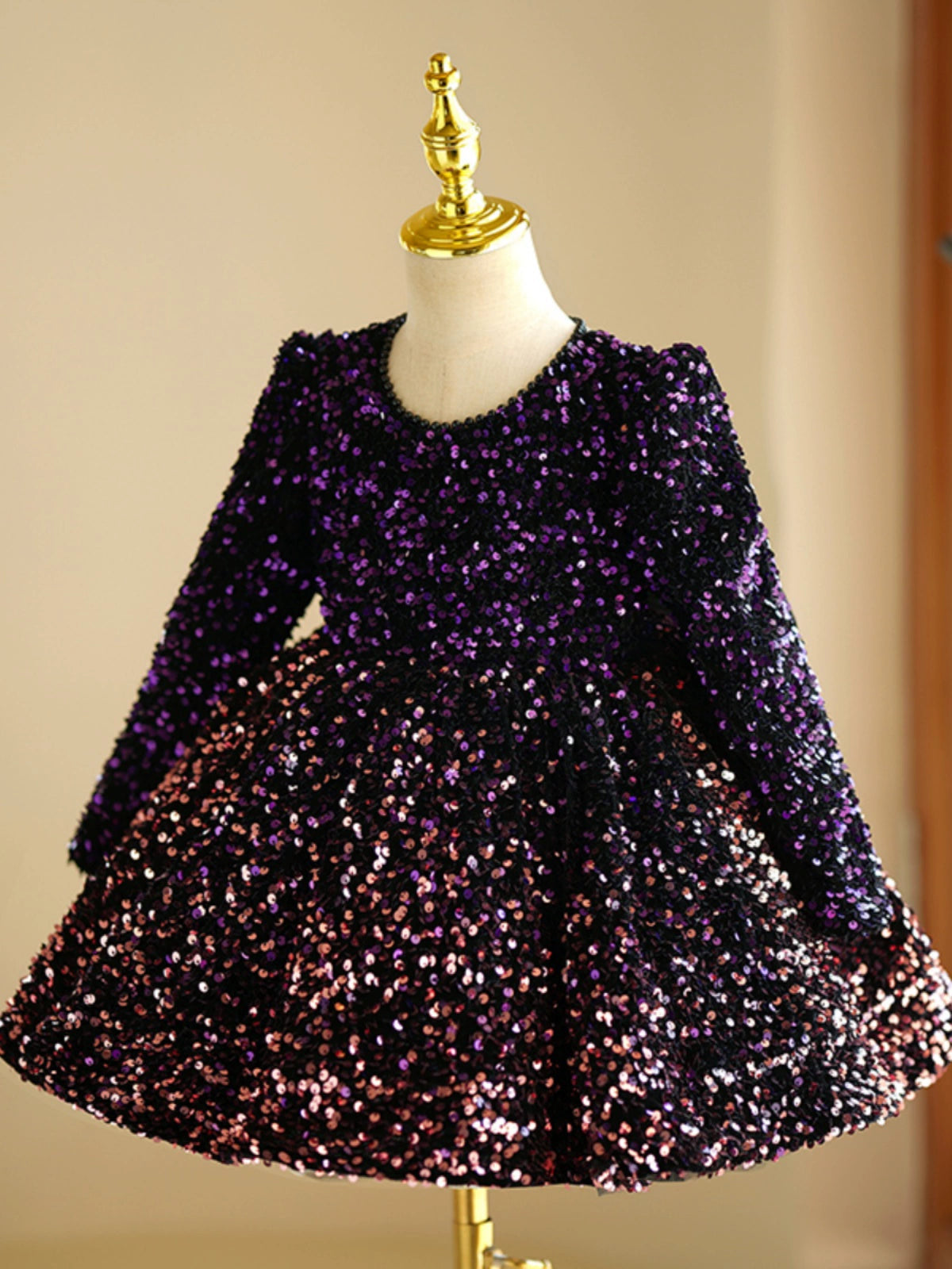 Princess Purple Sequined Back Zip Baptism Bow(s) Tea Length Long Sleeve Round Flower Girl Dress